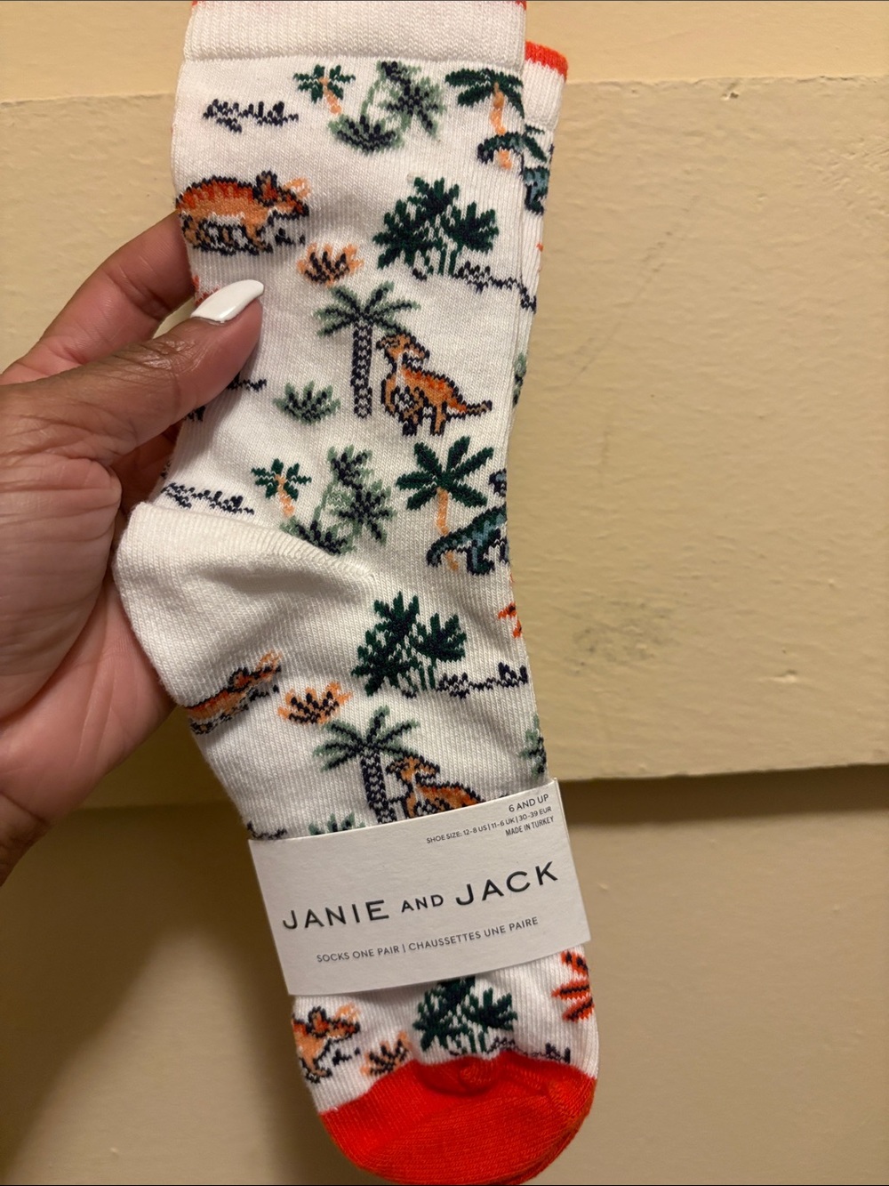 Janie and Jack White Socks with Orange & Green Dinosaur Motif